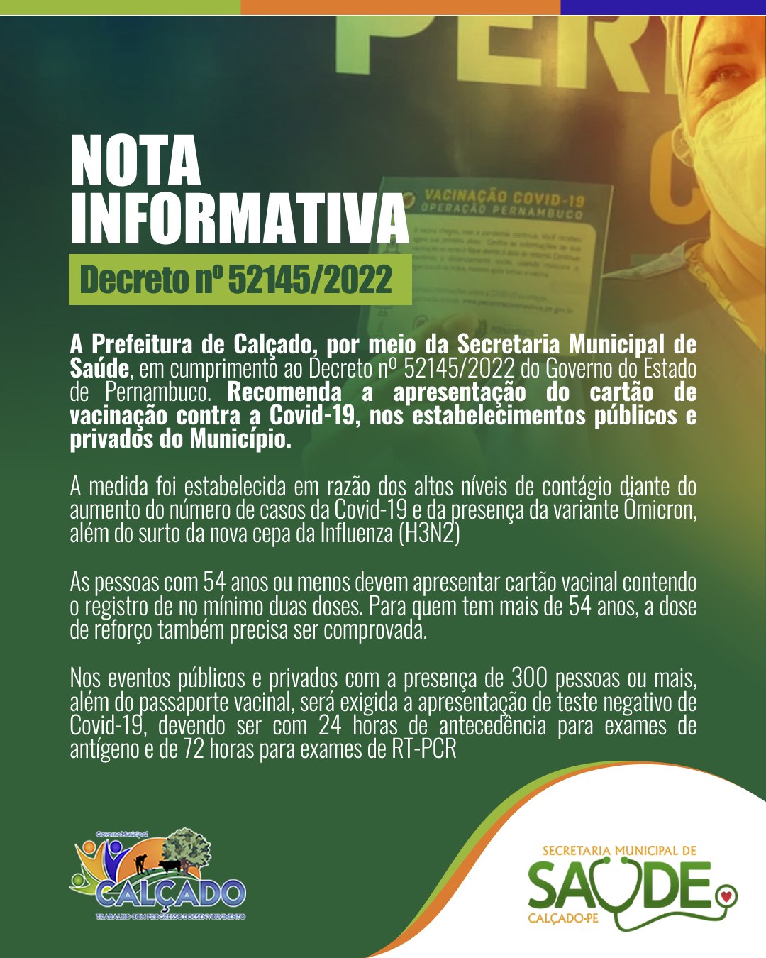 Prefeitura de Calçado orienta exigência do cartão de vacinação contra a Covid-19