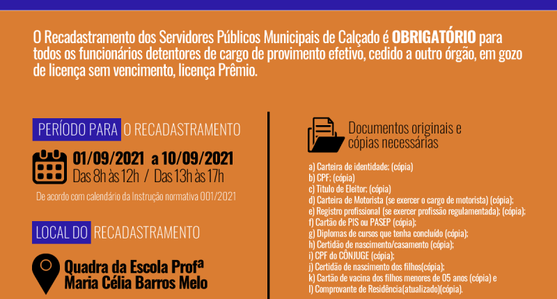 Recadastramento de Servidores Públicos Municipais de Calçado é obrigatório