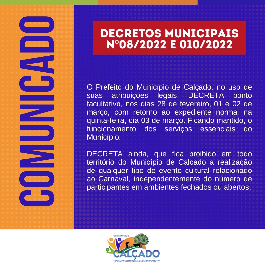Prefeitura de Calçado decreta ponto facultativo durante o período de Carnaval